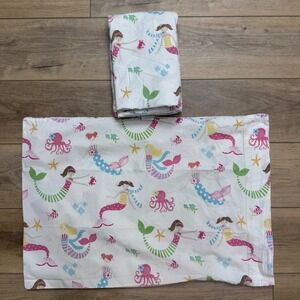 Pottery Barn Kids Mermaids Flat Sheet and Pillowcase Set White Pink Blue Twin